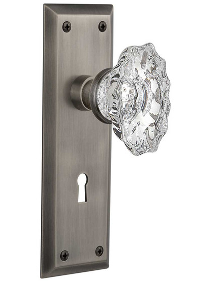 New York Style Mortise-Lock Set with Chateau Crystal Glass Knobs in Antique Pewter.